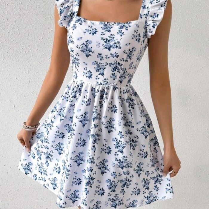 Vestido Shein Floral Azul con Volantes – Estilo Romántico Talla L
