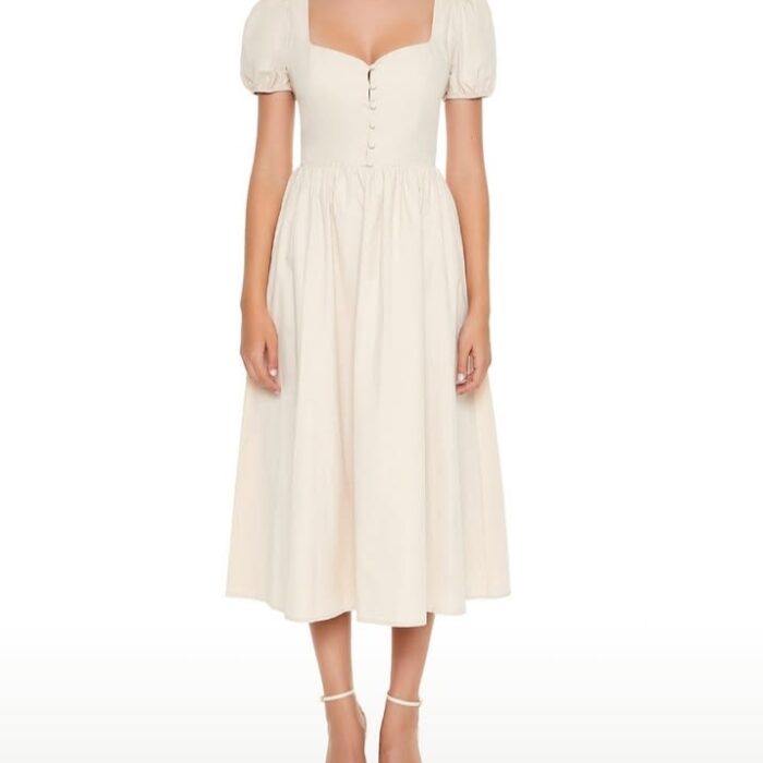 Vestido midi beige Forever 21 – Elegancia clásica corte princesa