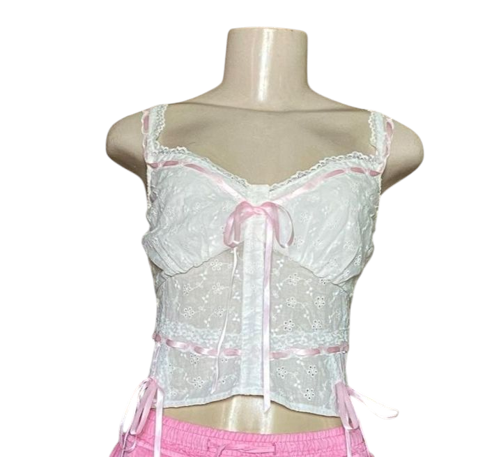 Crop Top Encaje Blanco con Listones Rosados – Marca Paris Hilton – Talla L