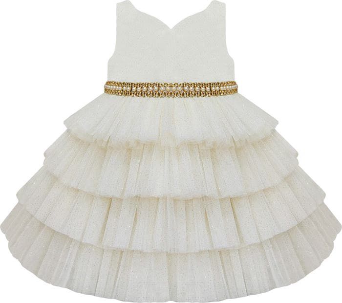 Vestido de Gala para Niña American Princess Color Marfil con Falda de Tul y Cinturón Brillante