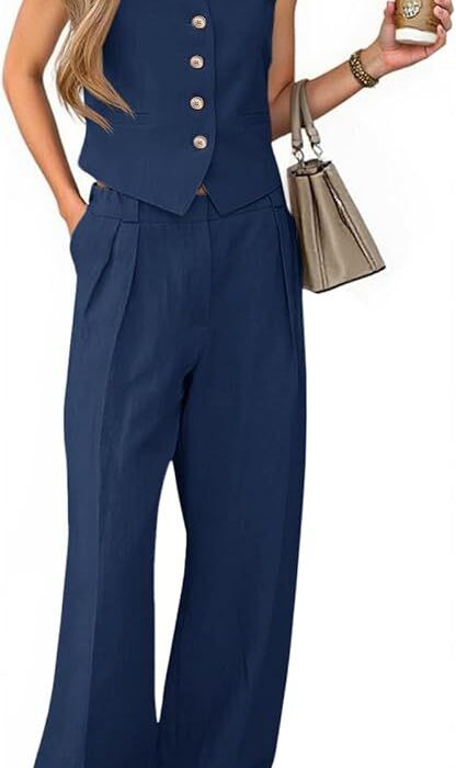 Set de 2 Piezas Faith & Joy para Mujer - Chaleco y Pantalón Wide Leg Azul Marino