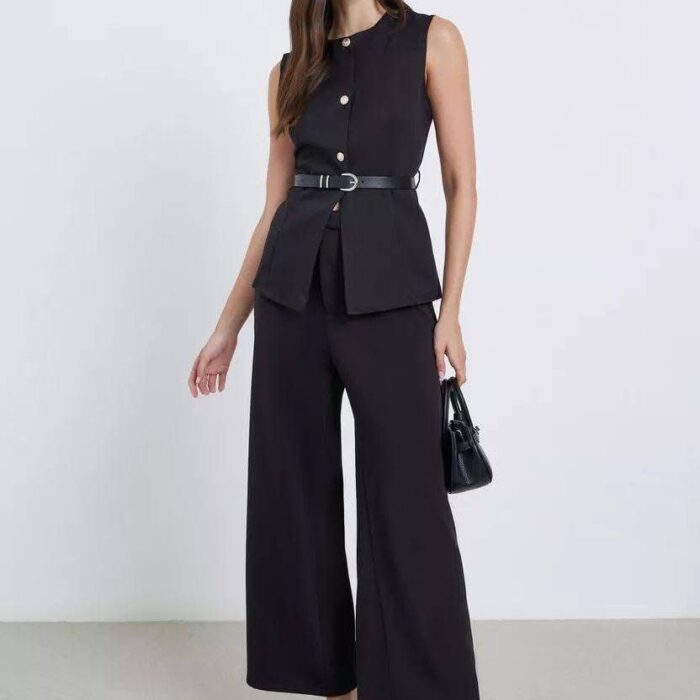 Set de 2 Piezas Here & Now para Mujer - Chaleco y Pantalón Wide Leg Negro con Faja Incluida