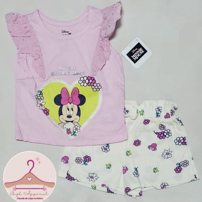 Set de 2 Piezas Disney Minnie Mouse para Niña - Playera Rosa con Olanes y Short Floral