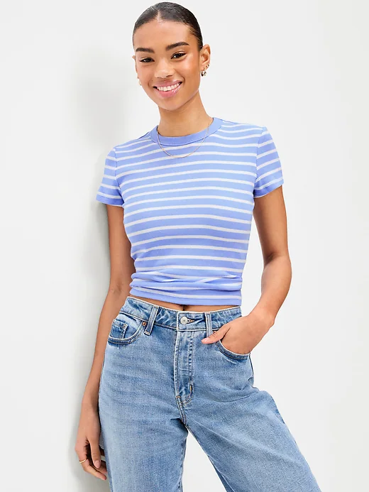 Old Navy Snug Crop T-Shirt diseño azul a rayas  – Camiseta Ajustada de Manga Corta