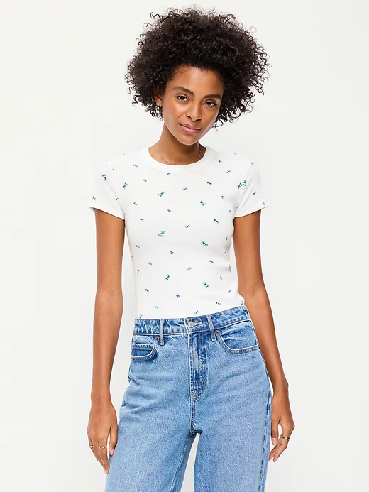 Old Navy Snug Crop T-Shirt color blanco y florecillas  – Camiseta Ajustada de Manga Corta