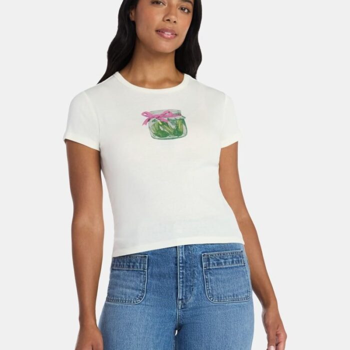 Camiseta Corta Tipo Baby Tee con Gráfico de Frasco de Pepinillos para Mujer - Social Edition