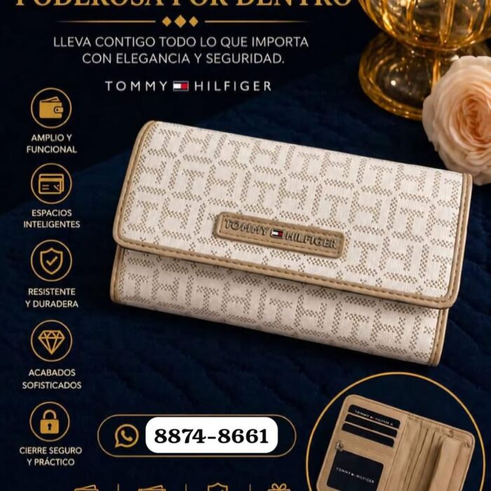 Billetera Tommy Hilfiger Para Mujer Con Monograma Beige Y Blanco